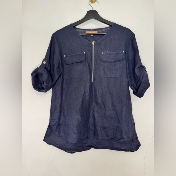 NWOT Women’s Ellen Tracy Roll Tab Shirt Sleeve 100% Linen Tunic 1/4 Zip Top S - Picture 1 of 7